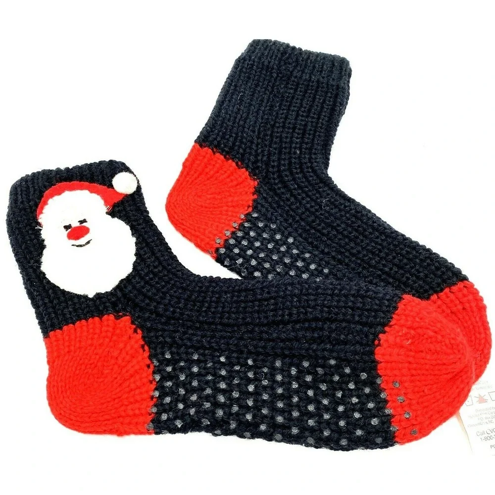 Christmas Santa Slipper Socks Black & Red One Size with Bottom Grips NEW